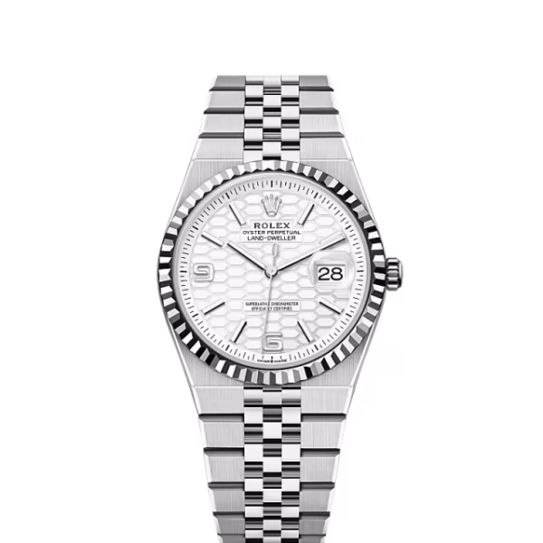 Rolex Land-Dweller 36 M127234-0001 White Rolesor Fluted Bezel Silver Dial Roman Numerals Jubilee Bracelet