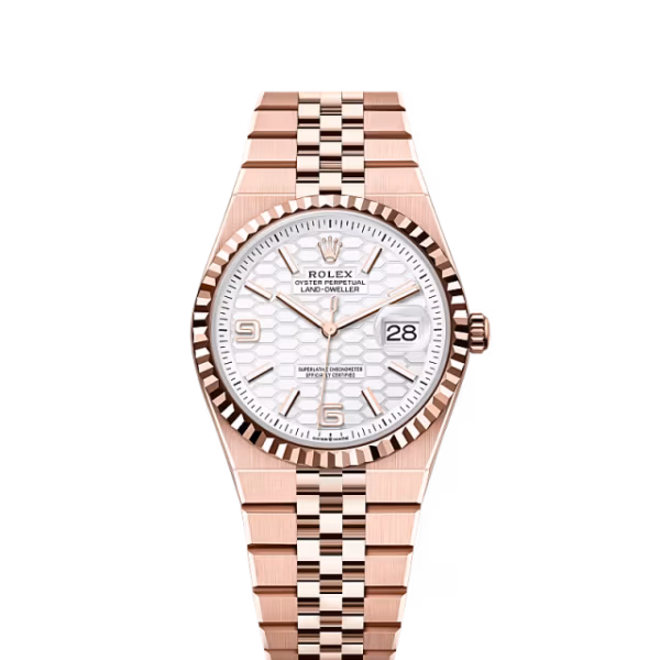 Rolex Land-Dweller 36 M127235-0001 Everose Gold White Lacquer Dial Roman Numerals Jubilee Bracelet