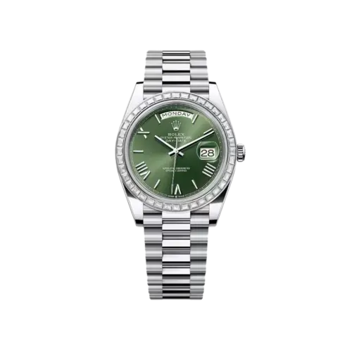 Rolex Day-Date 40 228396TBR Platinum Olive Green Dial Diamond Bezel