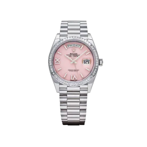 Rolex Day-Date 36 128396TBR Platinum Pink Opal Diamond Dial and Bezel