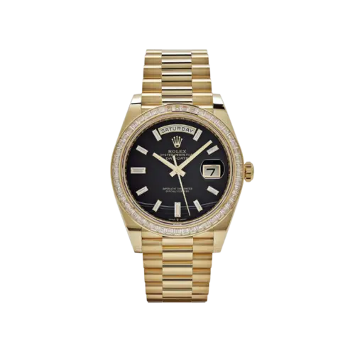 Rolex Day-Date 40 228398TBR Yellow Gold Onyx Baguette Diamond Dial Baguette Bezel