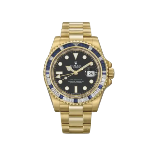 Rolex GMT-Master II 116748SA Yellow Gold Sapphire and Diamond Bezel Black Dial